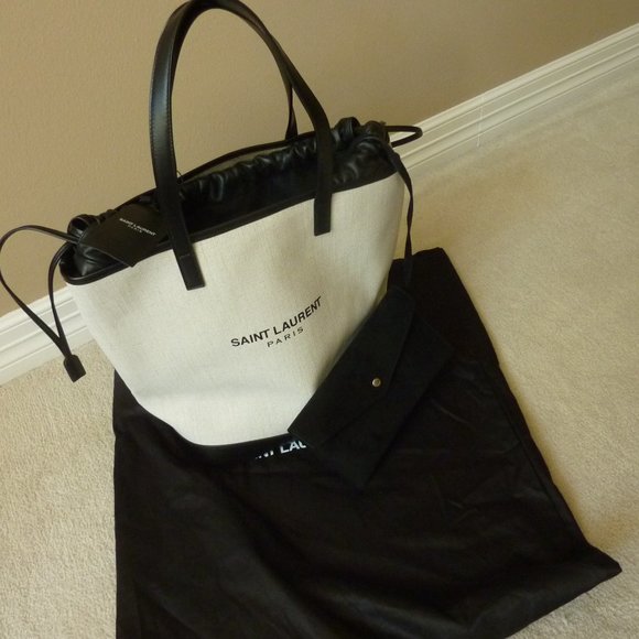 SAINT LAURENT 'Teddy' Medium Canvas/Leather Drawstring Shopping Tote Bag (NEW) - Picture 12 of 15
